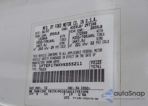 1997 Ford F-150 Lariat/Standard/Xl/Xlt z USA, uszkodzony, nr VIN 1FTEF17WXVKD55211